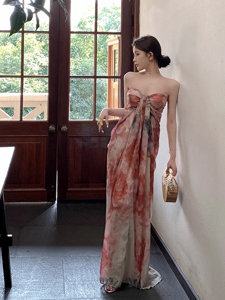 New Simple Fashion Floral Design A-Line Beach Holiday Strapless Dress TP3032