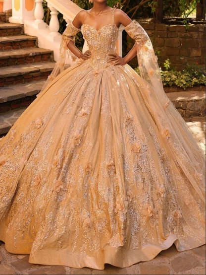 Elegant Champagne Sequined Applique Sweetheart Sheer Tulle Sleeves Quinceanera Ball Gown TP5241