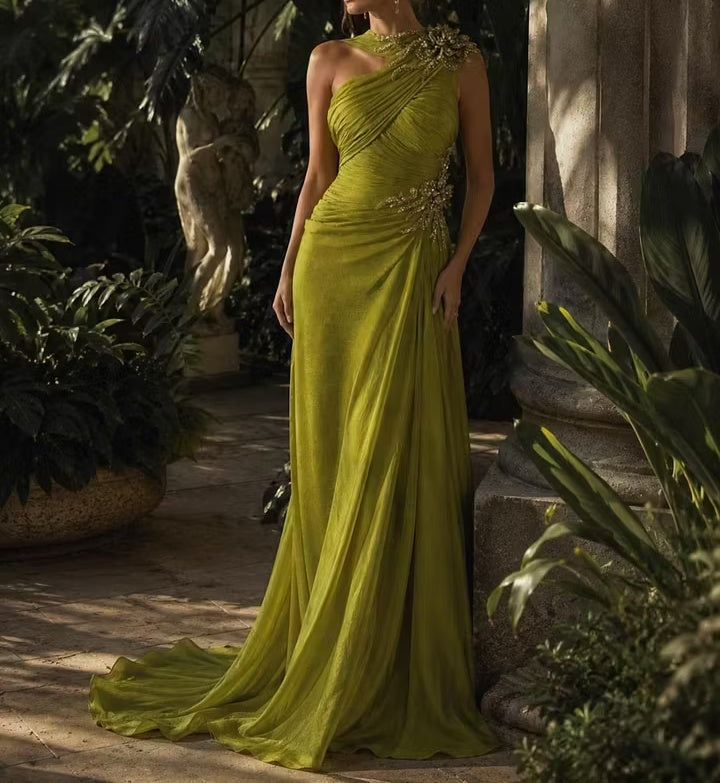 Vintage Olive Green One-Shoulder Ruched Chiffon Mermaid Beaded Floral Appliques Long Train Evening Gown TP5897
