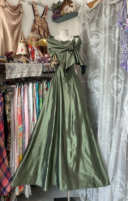 Vintage Green Satin Shawl Design Elegant A-line Long Evening Dress Prom Dresses TP4204