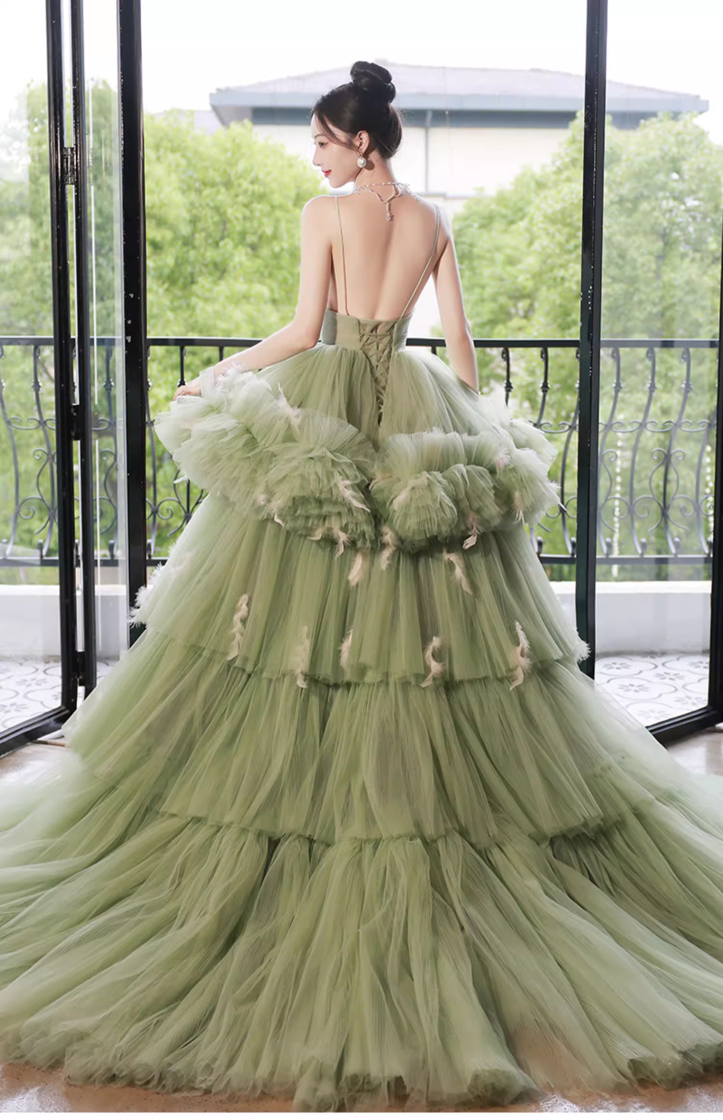 Glamorous Sage Green Tiered Tulle Spaghetti Straps Sweet 15 Quinceanera Ball Gown TP5473