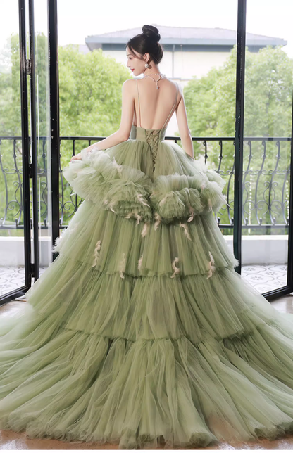 Glamorous Sage Green Tiered Tulle Spaghetti Straps Sweet 15 Quinceanera Ball Gown TP5473