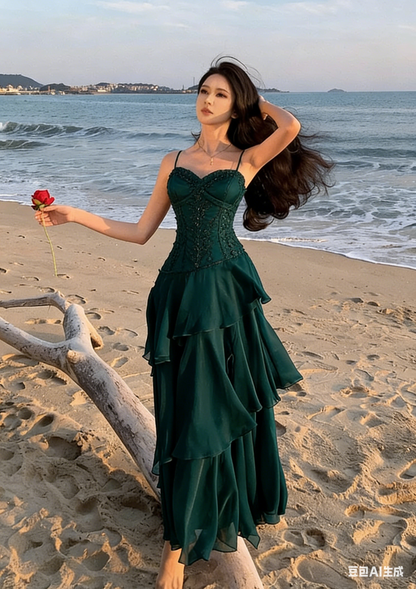 Vintage Sweetheart A-Line Evening Gown Spaghetti Strap Chiffon Tiered Prom Dress TP5144