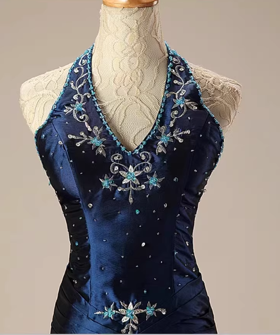 Chic Navy Blue Halter Neck Ruched Beaded  Embroidery Sweet 15 Quinceanera Ball Gown TP5681