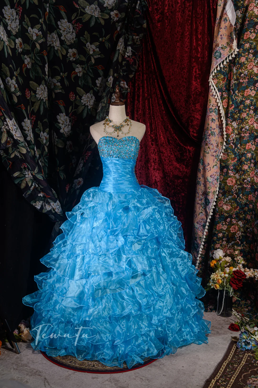 Vintage-Inspired Beaded Strapless Ruffled A-Line Ball Gown Tiered Quinceañera Formal Dress TP5112