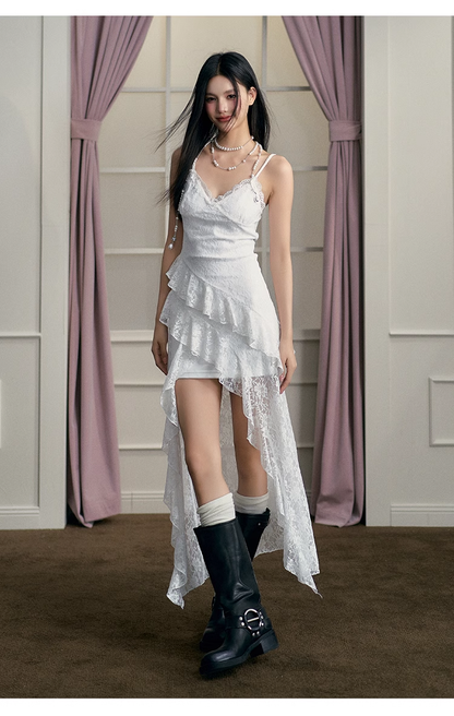 Simple White Irregular Ruffled Hem Design A-line Sleeveless Spaghetti Strap Dress TP3298