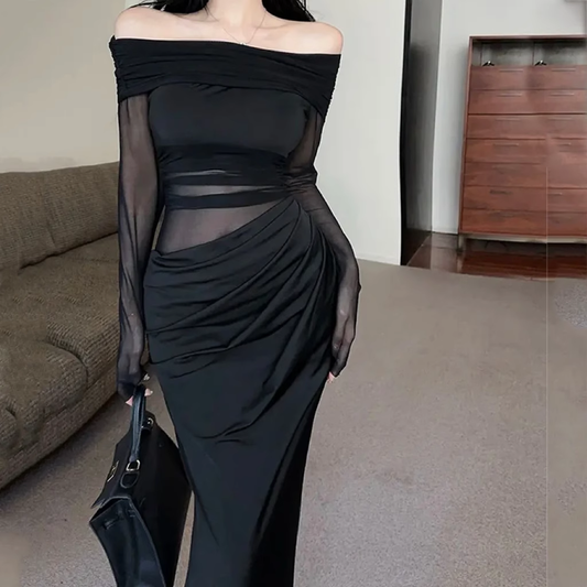 Simple Fashion Black Mesh Long-sleeved Dress TP2902
