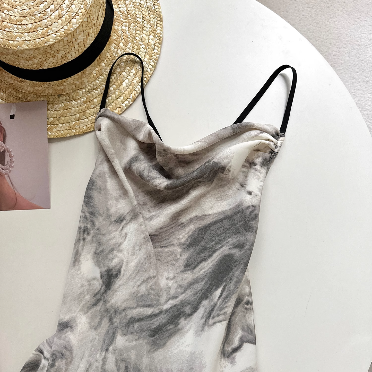 Simple Floral Ink-wash Pattern Design A-line Sleeveless Spaghetti Strap Dress TP3287