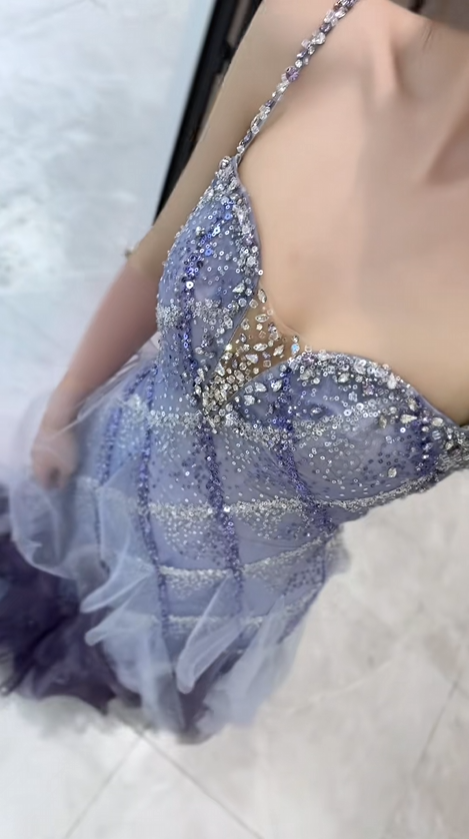 Vintage Sparkly Blue Spaghetti Strap Evening Gown Beaded Sweetheart Tulle Prom Dress TP5841