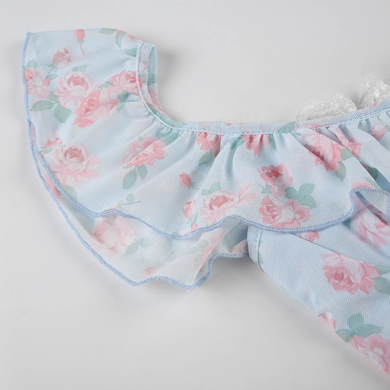 Cute Light Blue Floral Square-neck A-Line Short Summer Dresses Party Dress Homecoming Dress TP4341