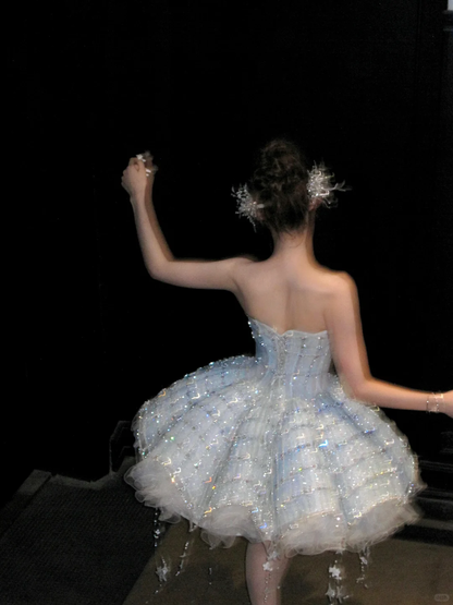 Gorgeous Shiny Light Blue Sequined A-Line Strapless Design Tiered Party Dress Homecoming Dress TP4238