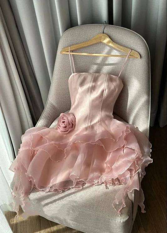Cute Pink Spaghetti Strap 3D Flower Ruffle Design A-line Chiffon Satin Party Dress Homecoming Dress TP4091