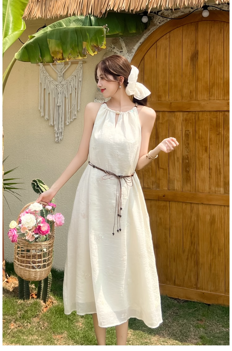 Simple Fashion White Sleeveless Design Beach Holiday A-line with Belt Jacquard Halter Dress TP3379