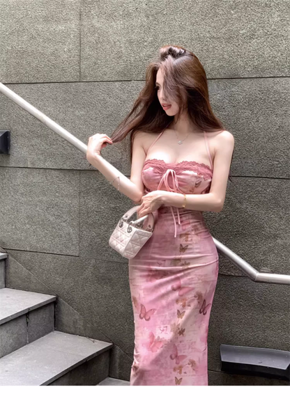 New Stylish Women Pink Butterfly Long Spaghetti Strap Dress TP2967