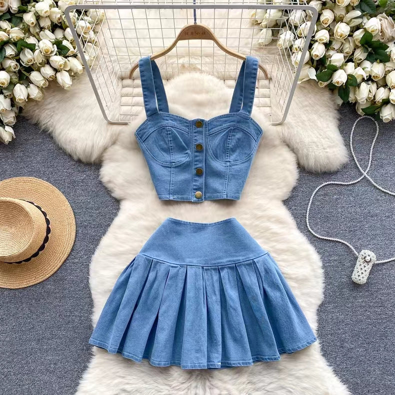 Retro Fashion Design sense Short Strap Vest and Denim Skirt Two-piece Set TP2829