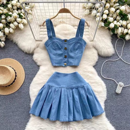 Retro Fashion Design sense Short Strap Vest and Denim Skirt Two-piece Set TP2829