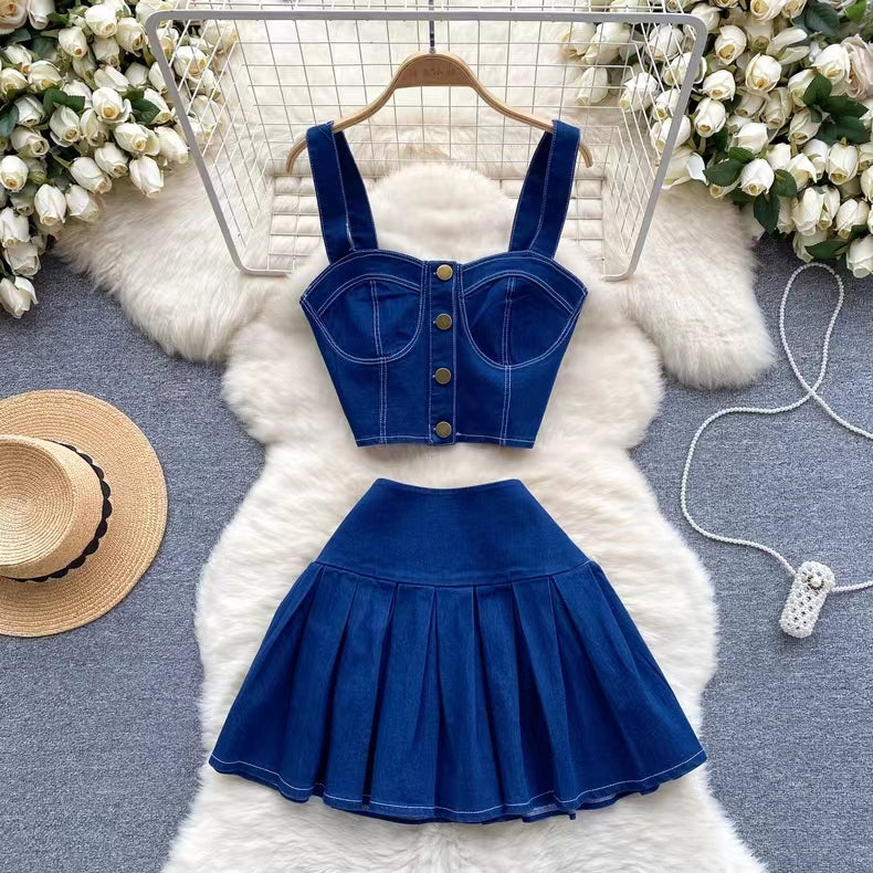 Retro Fashion Design sense Short Strap Vest and Denim Skirt Two-piece Set TP2829