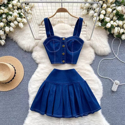 Retro Fashion Design sense Short Strap Vest and Denim Skirt Two-piece Set TP2829