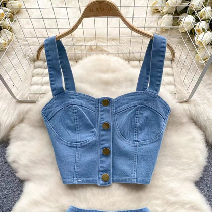 Retro Fashion Design sense Short Strap Vest and Denim Skirt Two-piece Set TP2829