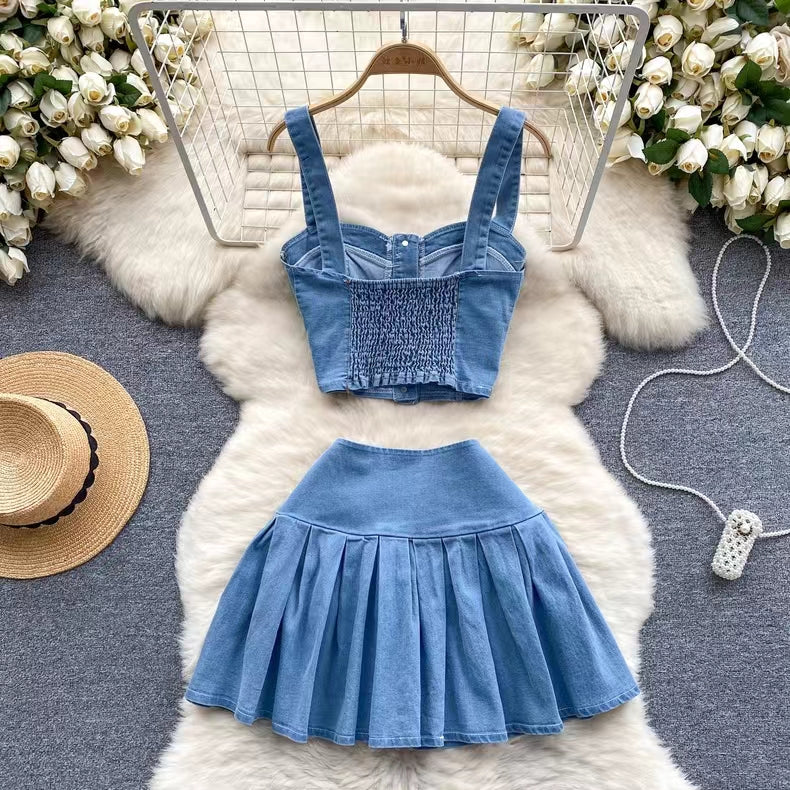 Retro Fashion Design sense Short Strap Vest and Denim Skirt Two-piece Set TP2829