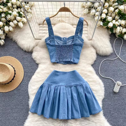 Retro Fashion Design sense Short Strap Vest and Denim Skirt Two-piece Set TP2829