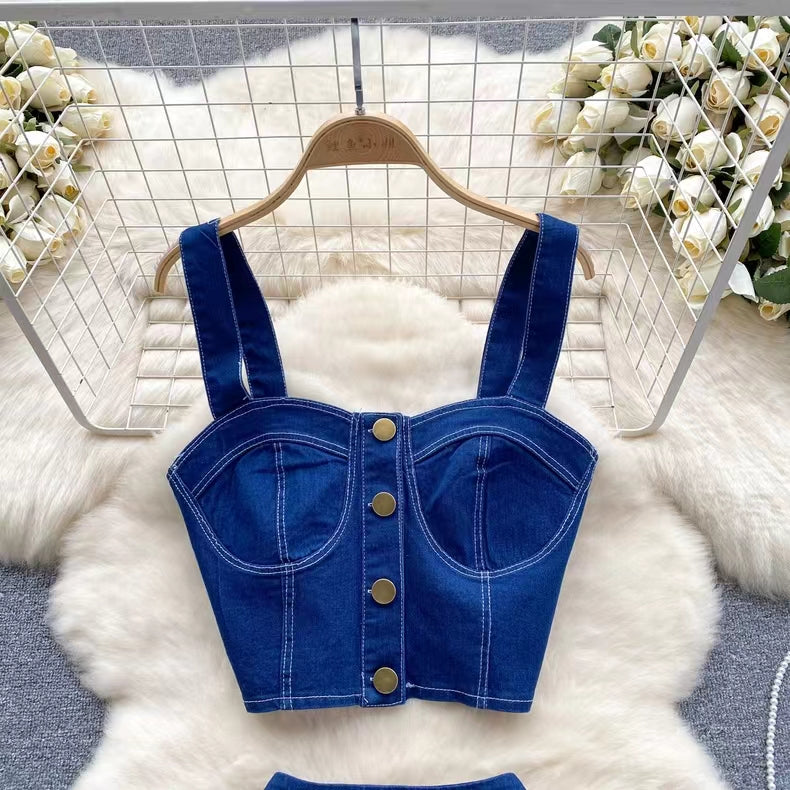 Retro Fashion Design sense Short Strap Vest and Denim Skirt Two-piece Set TP2829