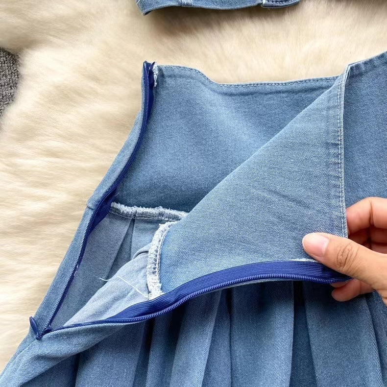 Retro Fashion Design sense Short Strap Vest and Denim Skirt Two-piece Set TP2829