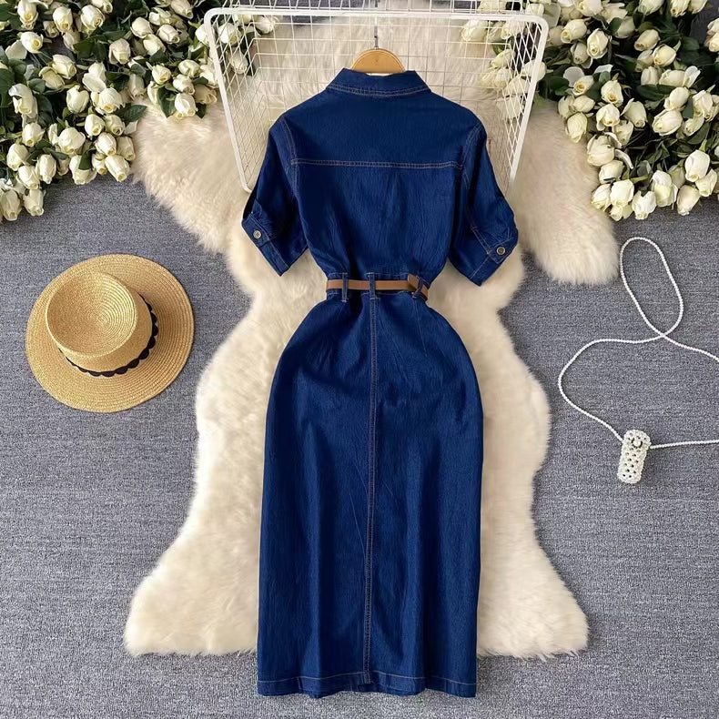 New Fashion Simple Belt Design Denim Dress TP2830
