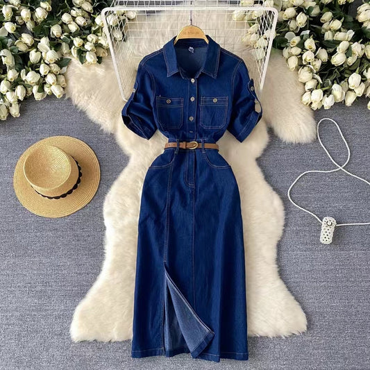 New Fashion Simple Belt Design Denim Dress TP2830