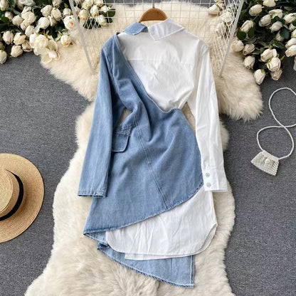 New Irregular Design Long Sleeve Shirt Patchwork Denim Style Dress TP2831