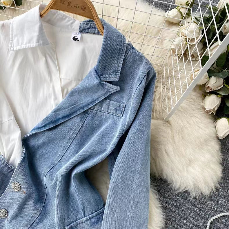 New Irregular Design Long Sleeve Shirt Patchwork Denim Style Dress TP2831
