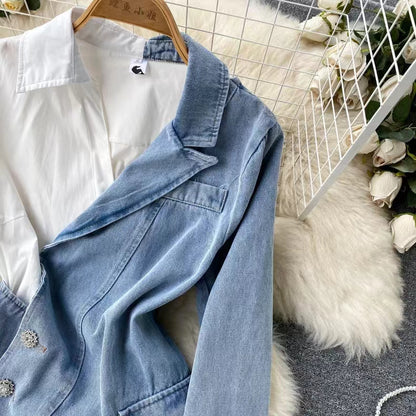 New Irregular Design Long Sleeve Shirt Patchwork Denim Style Dress TP2831