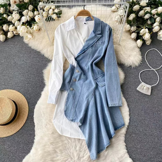 New Irregular Design Long Sleeve Shirt Patchwork Denim Style Dress TP2831