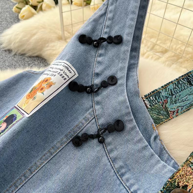 New Design Interesting Printed Literary Retro Denim Suspenders Loose Dress TP2832