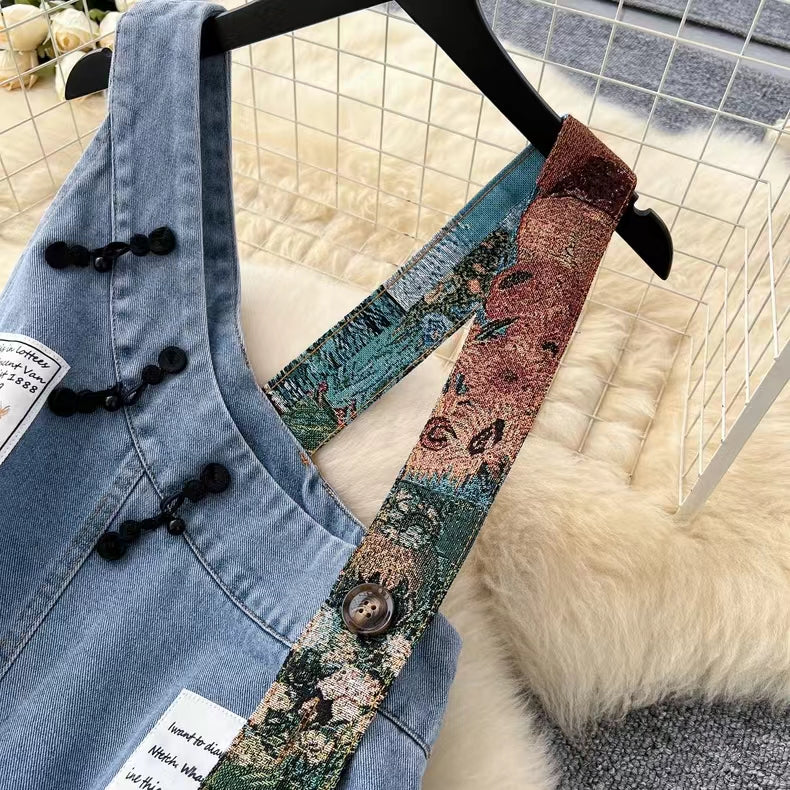 New Design Interesting Printed Literary Retro Denim Suspenders Loose Dress TP2832