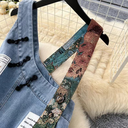 New Design Interesting Printed Literary Retro Denim Suspenders Loose Dress TP2832