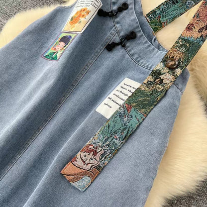 New Design Interesting Printed Literary Retro Denim Suspenders Loose Dress TP2832