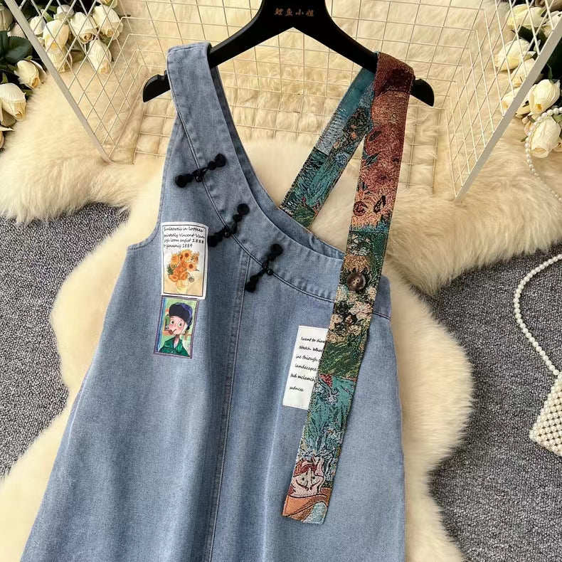 New Design Interesting Printed Literary Retro Denim Suspenders Loose Dress TP2832