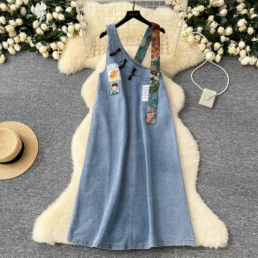 New Design Interesting Printed Literary Retro Denim Suspenders Loose Dress TP2832