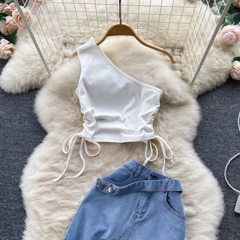 New Fashion Irregular Strap Waistcoat With Raw Edge Denim Skirt Two-piece Set TP2835