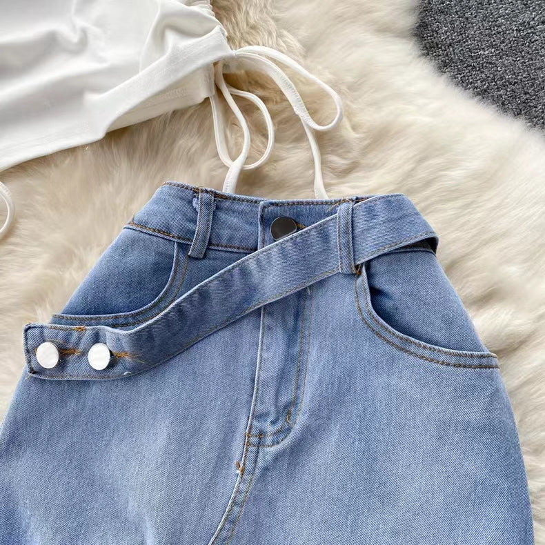 New Fashion Irregular Strap Waistcoat With Raw Edge Denim Skirt Two-piece Set TP2835