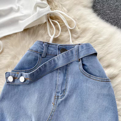 New Fashion Irregular Strap Waistcoat With Raw Edge Denim Skirt Two-piece Set TP2835