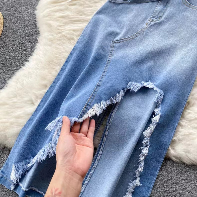 New Fashion Irregular Strap Waistcoat With Raw Edge Denim Skirt Two-piece Set TP2835