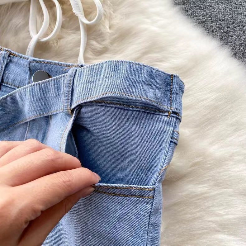 New Fashion Irregular Strap Waistcoat With Raw Edge Denim Skirt Two-piece Set TP2835