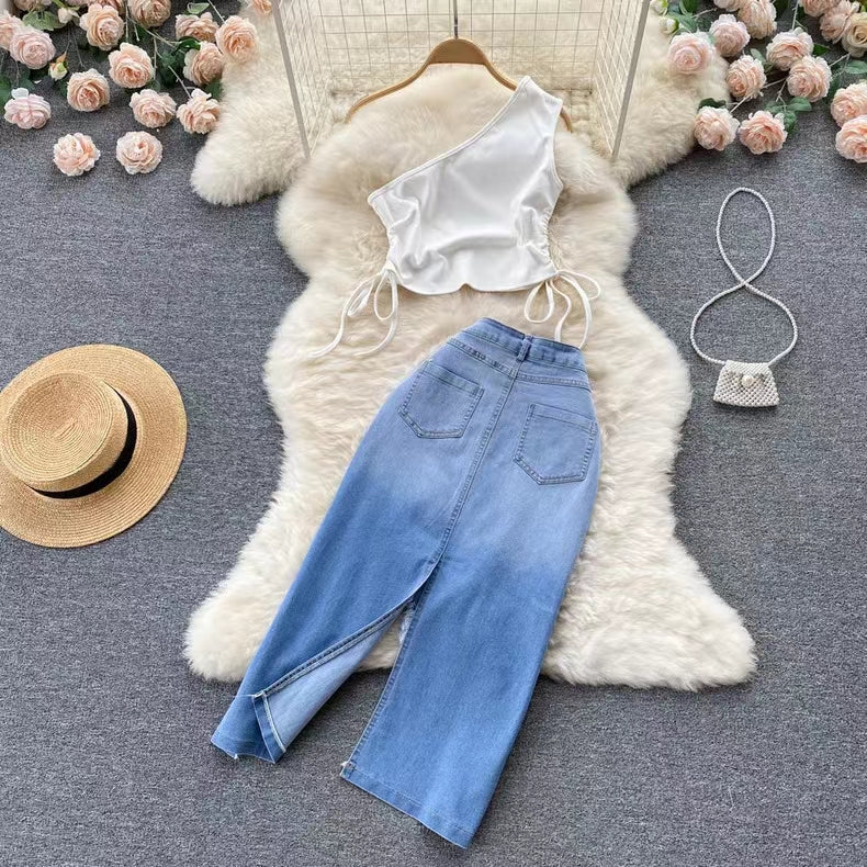 New Fashion Irregular Strap Waistcoat With Raw Edge Denim Skirt Two-piece Set TP2835