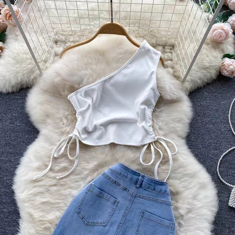 New Fashion Irregular Strap Waistcoat With Raw Edge Denim Skirt Two-piece Set TP2835
