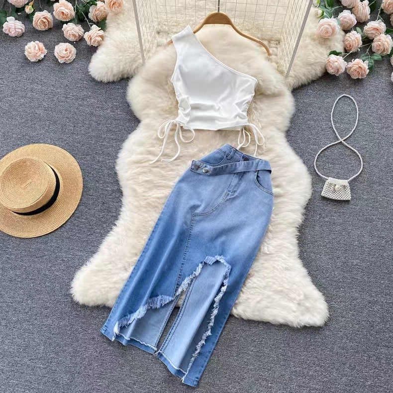 New Fashion Irregular Strap Waistcoat With Raw Edge Denim Skirt Two-piece Set TP2835
