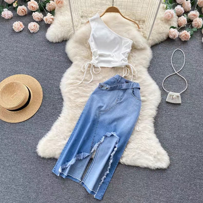 New Fashion Irregular Strap Waistcoat With Raw Edge Denim Skirt Two-piece Set TP2835