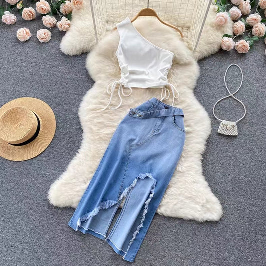 New Fashion Irregular Strap Waistcoat With Raw Edge Denim Skirt Two-piece Set TP2835