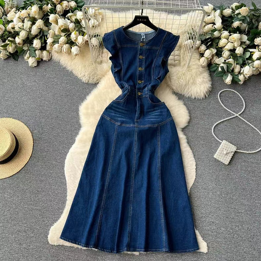 Vintage French Audrey Hepburn Waisted Design Denim Dress TP2836